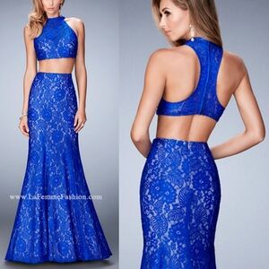 LA FEMME 2 Piece Blue Embellished Floral Lace Gown Crop Top Mermaid Maxi Skirt 6